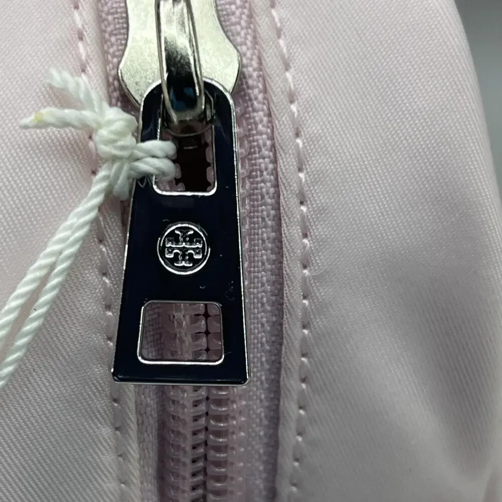 Tory Burch Virginia Cosmetic Case Pink Fabric Makeup Bag OS Zip Logo Travel NEW